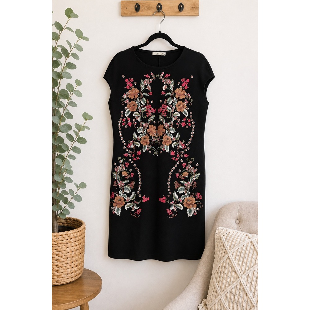 Dex Black Floral Sparkle Sheath Dress Sz L Stretchy Sleeveless Midi Career Party